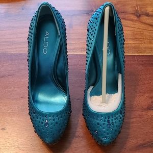 TEAL SWAROVSKI SATIN STILETTOS
